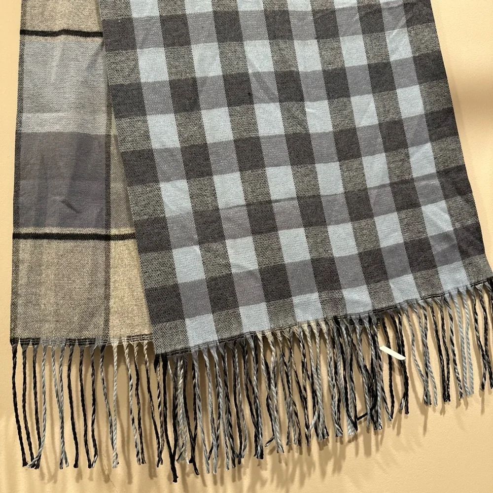 Super SoftDouble sided Plaid & Checked Pattern Blue Toned Long Scarf NEW